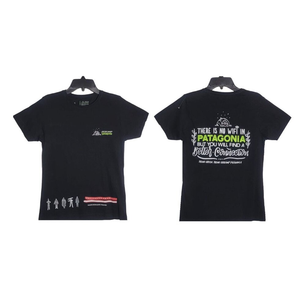 Patagonia ECOCAMP Rare Sz S Women's Logo T-Shirt Black Think Green logo no wifi